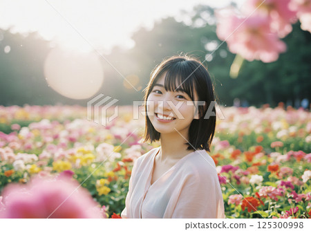 A bright woman in a sparkling flower field 125300998
