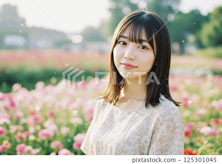 A bright woman in a sparkling flower field 125301045