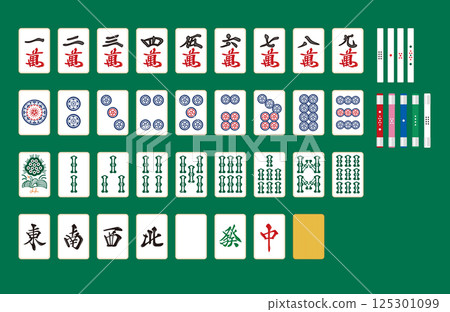 A set of 34 mahjong tiles and points for Qing mahjong, flat, vector illustration 125301099