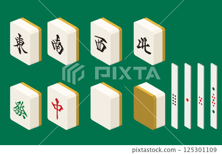 Four wind tiles and three element tiles for Qing Mahjong Mahjong tiles 7 types 3D illustration set Isometric Vector illustration 125301109