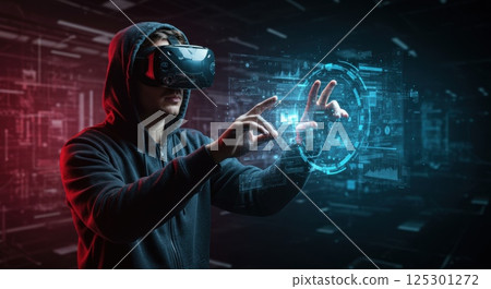 In a high-tech setting illuminated by neon lights, a person wearing a virtual reality headset engages with a holographic interface. The figure is dressed in dark clothing, creating a contrast against In a high-tech setting illuminated by neon lights, a person wearing a virtual reality headset engages with a holographic interface. The figure is dressed in dark clothing, creating a contrast against 125301272
