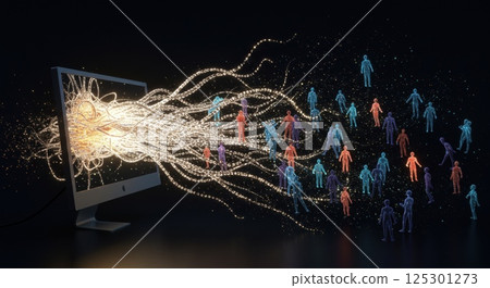 A computer monitor displays a complex array of glowing lines and shapes, symbolizing digital connectivity and creativity. This artistic representation flows outward, generating a lively network of A computer monitor displays a complex array of glowing lines and shapes, symbolizing digital connectivity and creativity. This artistic representation flows outward, generating a lively network of 125301273