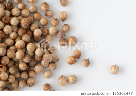 Close-up of whole coriander seeds 125301477