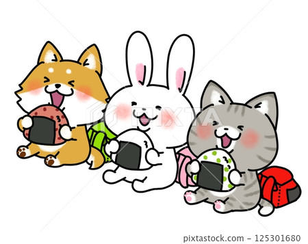 Illustration of a rabbit eating rice balls and his friends 125301680