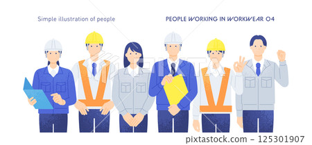Construction and manufacturing business scenes. Men and women working at construction sites and construction companies. Illustration of people wearing work clothes. 125301907