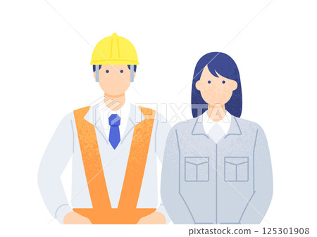 一名男子在建築工地工作,佩戴反光帶。在銷售處工作的女士。圖解:一名男子和一名女子穿著工作服。 一名男子在建築工地工作,佩戴反光帶。在銷售處工作的女士。圖解:一名男子和一名女子穿著工作服。 125301908