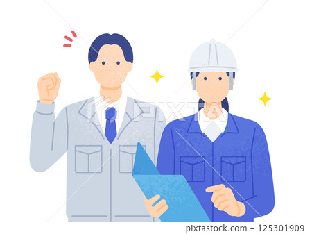 A man wearing work clothes and doing a fist pump. A woman wearing a helmet and inspecting. Illustration material of men and women working at the site. 125301909
