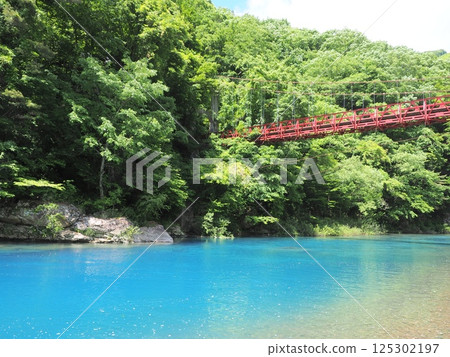 Akita's tourist attraction, Dakigaeri Valley, surrounded by fresh greenery 125302197