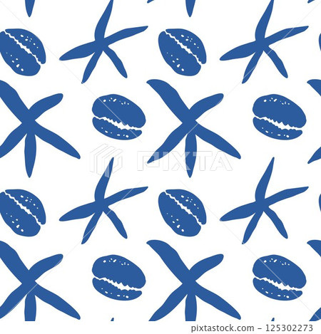 Blue cowrie shell and starfish pattern on white background filled style for tropical ocean summer decoration Blue cowrie shell and starfish pattern on white background filled style for tropical ocean summer decoration 125302273