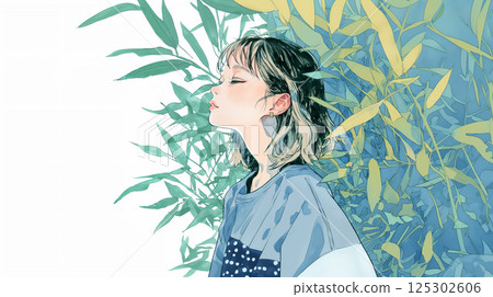 A woman breathing with her eyes closed in the midst of fresh greenery 125302606
