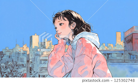年輕女子從屋頂看城市 125302748