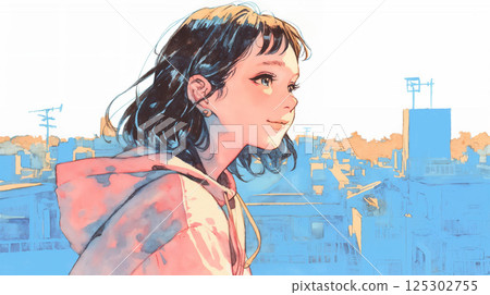 Young woman looking at the city from the rooftop 125302755