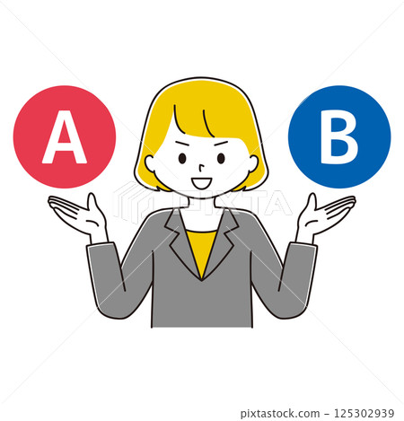 Illustration of a woman in a suit comparing two A and B smiling Illustration of a woman in a suit comparing two A and B smiling 125302939