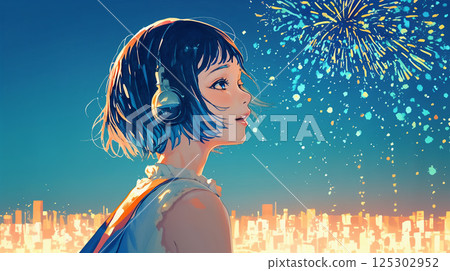 Woman wearing headphones and watching fireworks 125302952