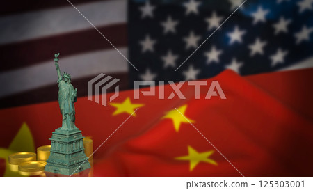 The Statue of Liberty on China and America flag Background 3d Rendering. 125303001