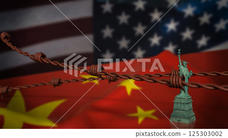 The Statue of Liberty on China and America flag Background 3d Rendering. The Statue of Liberty on China and America flag Background 3d Rendering. 125303002
