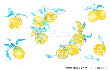 水彩檸檬插圖。水彩檸檬矢量素材。夏季檸檬背景插圖。 125303083