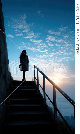Silhouette of woman standing on stairs at sunrise, creating serene scene 125303530