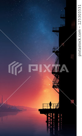 Silhouette of person on balcony at sunset with starry sky 125303531