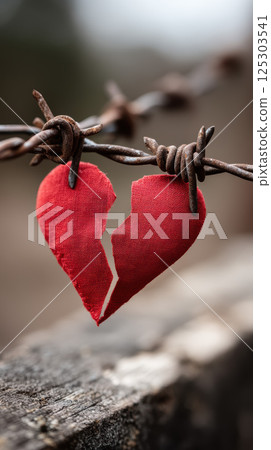 torn red heart caught on barbed wire, symbolizing emotional pain torn red heart caught on barbed wire, symbolizing emotional pain 125303541
