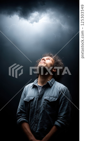 Man looking up at thunderstorm with light emerging from clouds 125303549