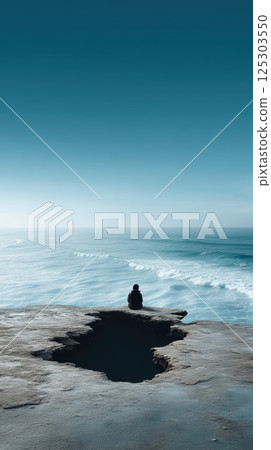 person sits on rocky cliff overlooking vast ocean waves 125303550