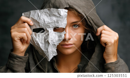 person holds crumpled paper mask, revealing their face beneath person holds crumpled paper mask, revealing their face beneath 125303551