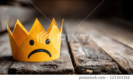 paper crown with sad face on wooden background 125303568