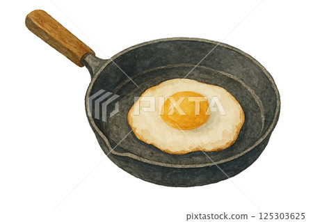 煎鍋煎蛋的水彩插圖（食物） 125303625