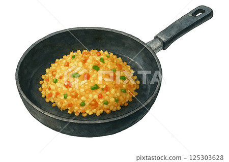 煎鍋炒飯的水彩插圖（食品和日用品） 125303628