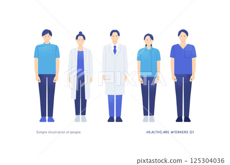 Male and female doctors, nurses, helpers. Illustration of medical professionals with a friendly touch. 125304036
