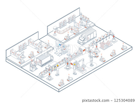 Smart warehouses in Industry 4.0 leverage AI and AGVs for automated production, transportation, and logistics. 125304089