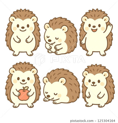 Set of 6 hedgehogs in various poses (gentle and cute animal characters) Set of 6 hedgehogs in various poses (gentle and cute animal characters) 125304164