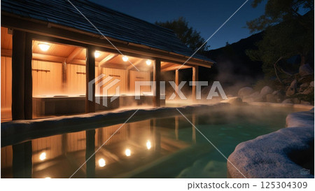 豪華旅館的夜間露天浴池 125304309