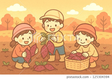 Illustration of children enjoying digging sweet potatoes in autumn (field trips and events) Illustration of children enjoying digging sweet potatoes in autumn (field trips and events) 125304394