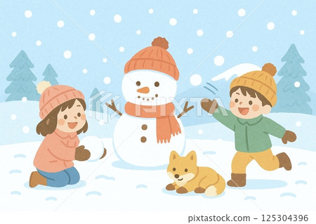 小孩和狐狸玩雪人的插圖（輕鬆的冬季雪地遊戲） 125304396