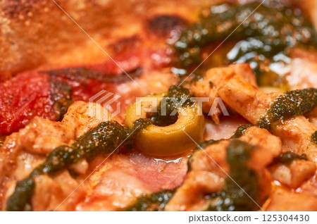 Pizza with solivki close-up. Italian pizza. Pizza with solivki close-up. Italian pizza. 125304430