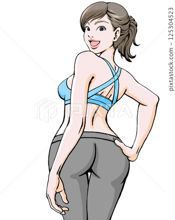 微笑的女人回頭看_運動服_雙手叉腰_上身 2 微笑的女人回頭看_運動服_雙手叉腰_上身 2 125304523