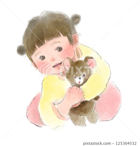 一個微笑的女孩抱著一隻泰迪熊的水彩插圖 一個微笑的女孩抱著一隻泰迪熊的水彩插圖 125304532