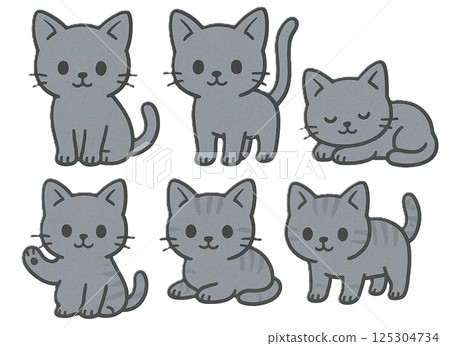 Set of 6 gray cats in various poses (simple, easy-to-use, cute characters) 125304734