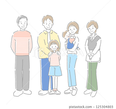 Full-body illustration of a three-generation family smiling at you Full-body illustration of a three-generation family smiling at you 125304803