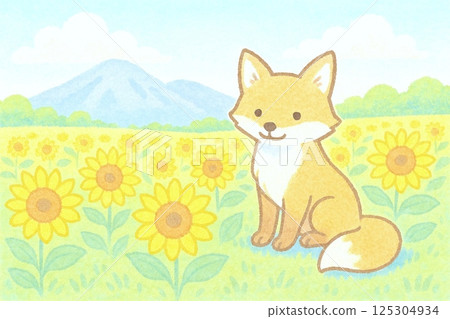 一隻狐狸站在向日葵田裡(溫柔的夏日風景) 一隻狐狸站在向日葵田裡(溫柔的夏日風景) 125304934