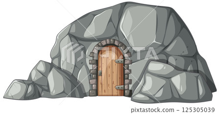 Rock Cave with Wooden Door Illustration 125305039