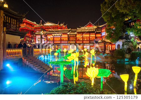 yuyuan garden shopping mall and artificial lotus light up, Shanghai 125305179
