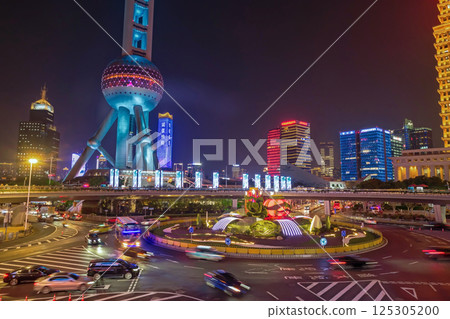 Lujiazui Circular Pedestrian Bridge with pearl tower at night,Shanghai Lujiazui Circular Pedestrian Bridge with pearl tower at night,Shanghai 125305200