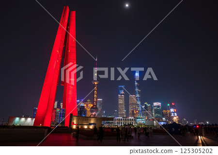 People Memorial Tower light up at the Bund and Pearl tower,Shanghai People Memorial Tower light up at the Bund and Pearl tower,Shanghai 125305202