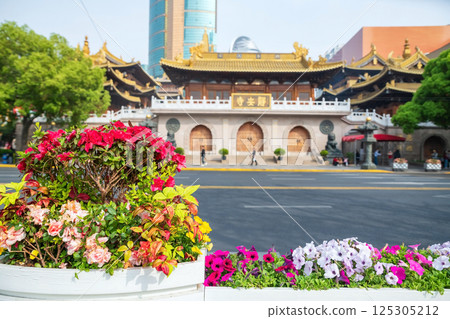 Colorful flowers decor by street with Jingan temple, Shanghai, China 125305212