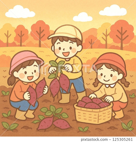 Illustration of children enjoying digging sweet potatoes in autumn (field trips and events) Illustration of children enjoying digging sweet potatoes in autumn (field trips and events) 125305261