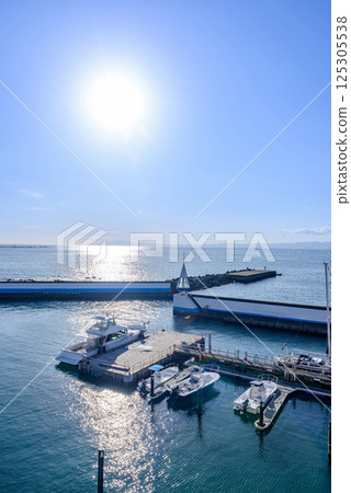 Marina, yacht harbor, port, cruiser, pleasure boat, vertical photo 125305538