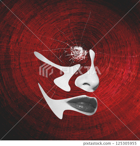 Abstract and surreal woman black and white portrait illustration collage made of wavy cut geometric shapes 125305955